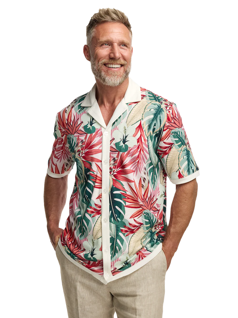 Linen Blend Full Button Front Camp Collar - Pink Multi - Image 2