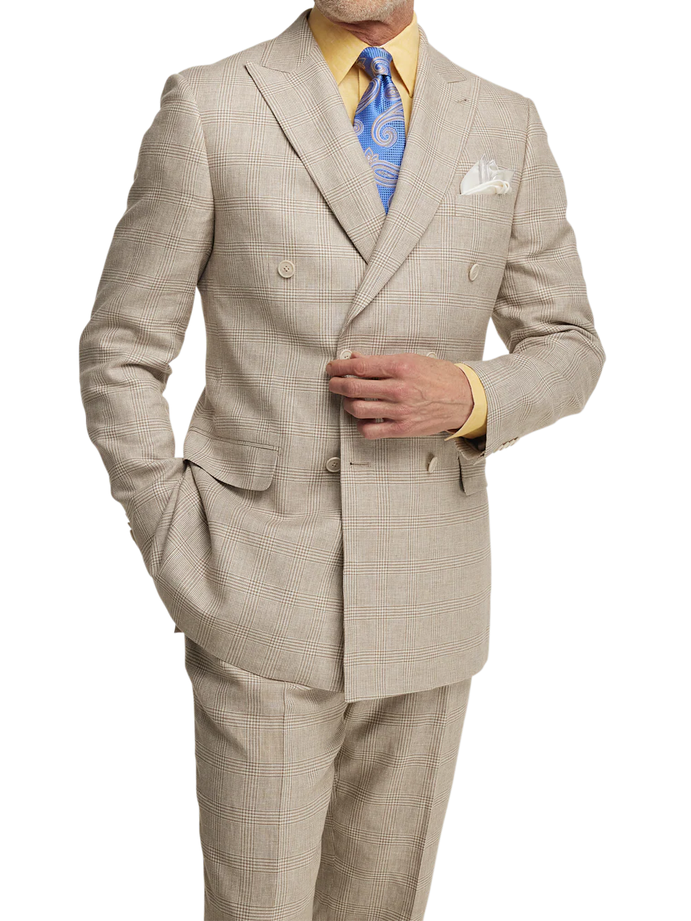 Linen Blend Plaid Double Breasted Peak Lapel Suit Jacket - Tan - Image 2