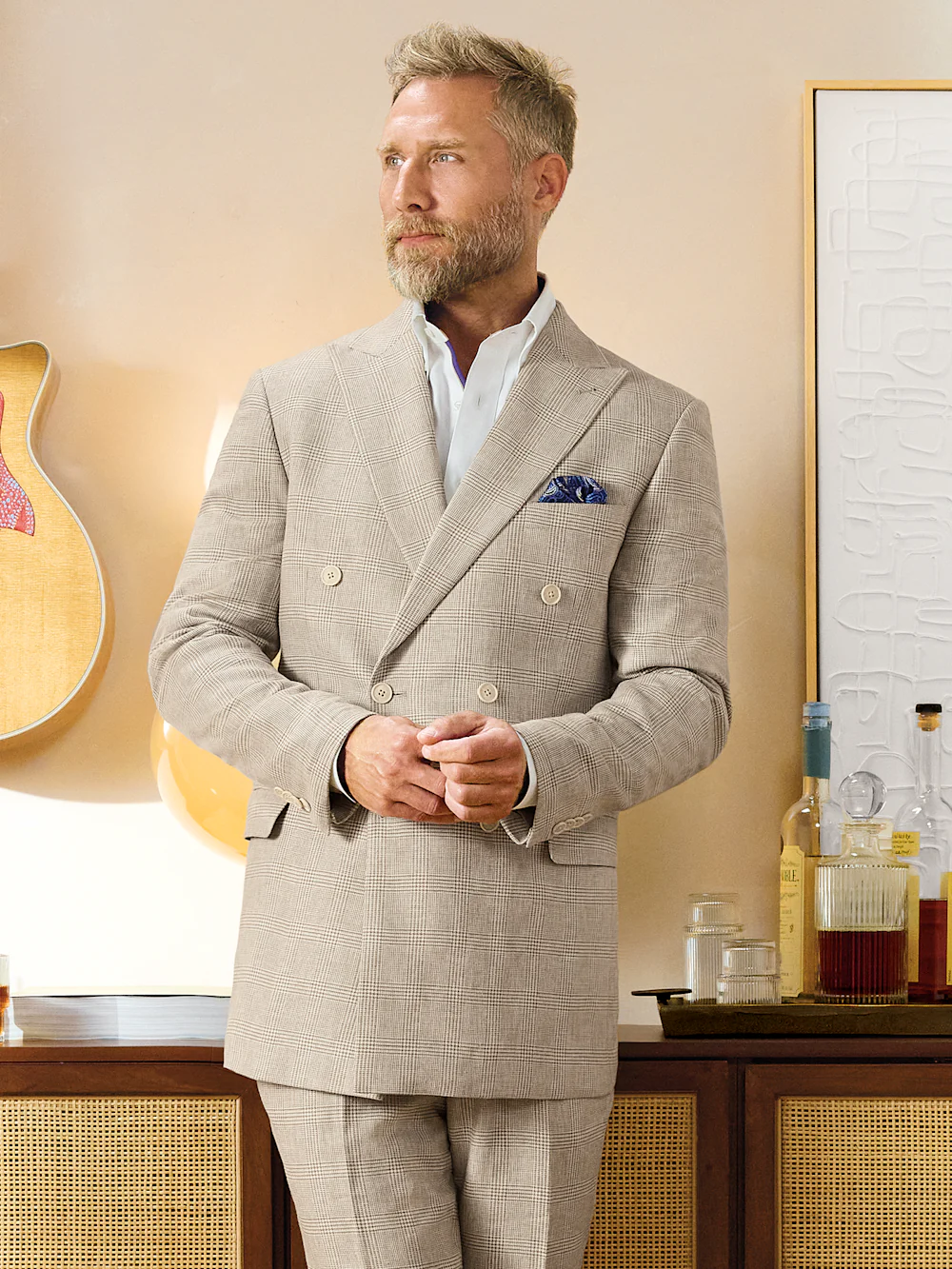 Linen Blend Plaid Double Breasted Peak Lapel Suit Jacket - Tan - Image 8
