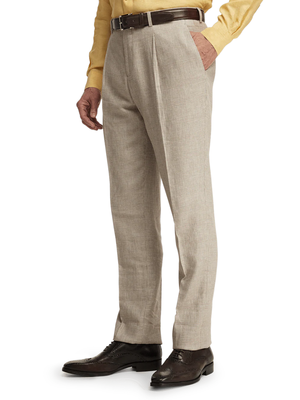 Linen Blend Plaid Single Pleat Suit Pants - Tan - Image 4
