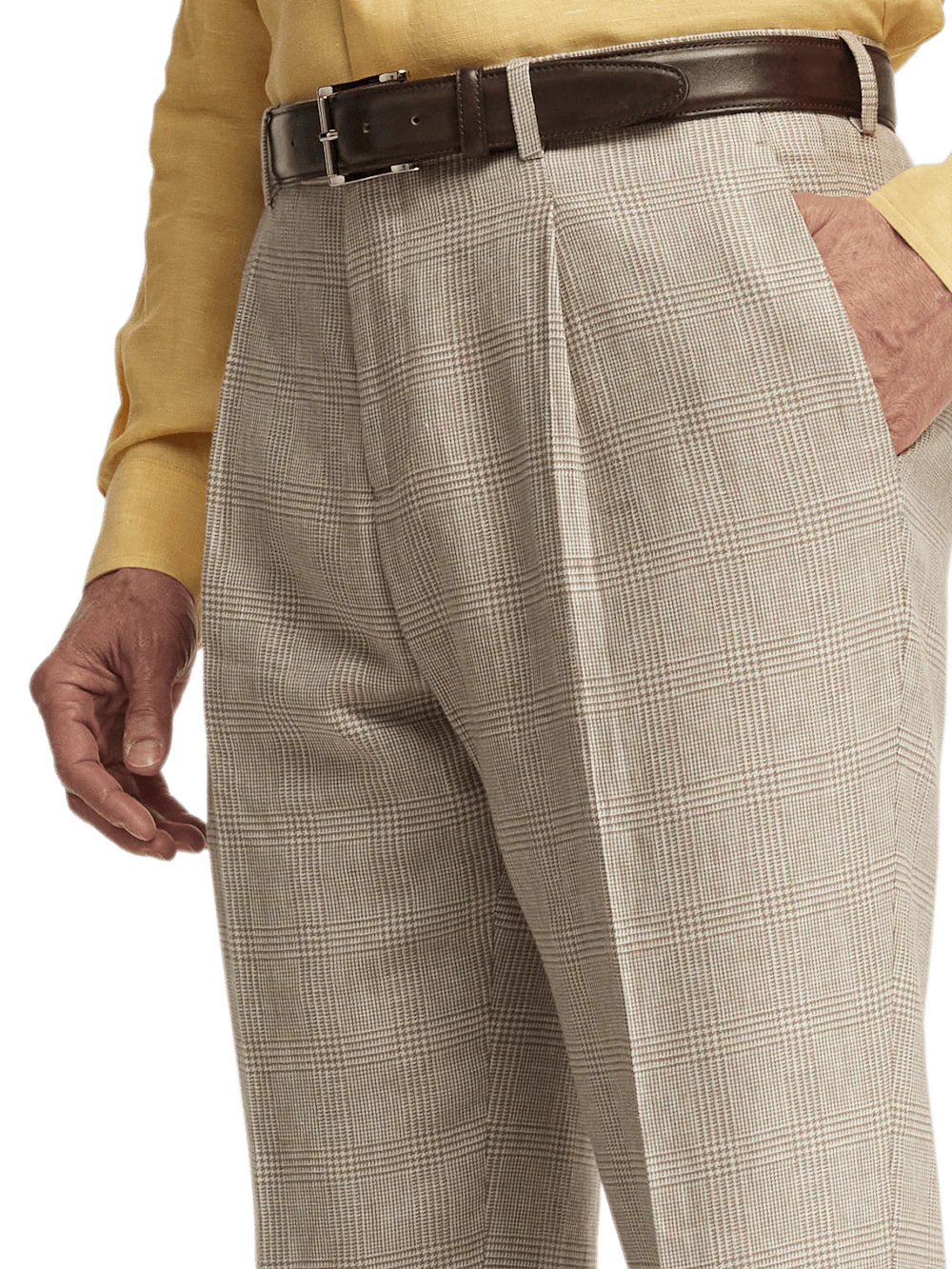 Linen Blend Plaid Single Pleat Suit Pants - Tan - Image 5