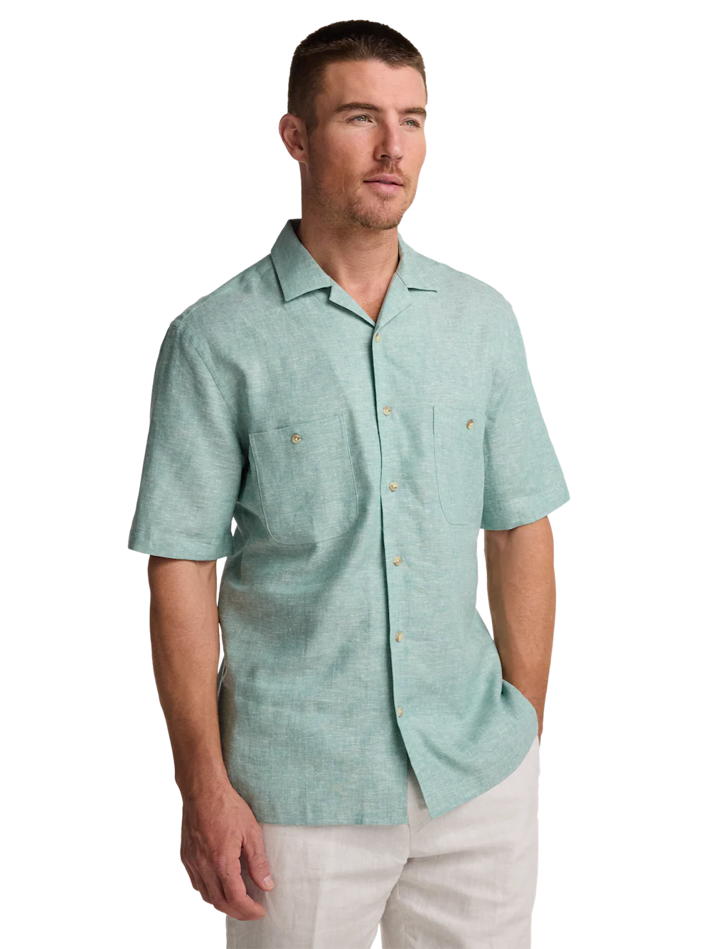 Linen Blend Solid Casual Shirt - Light Aqua - Image 2