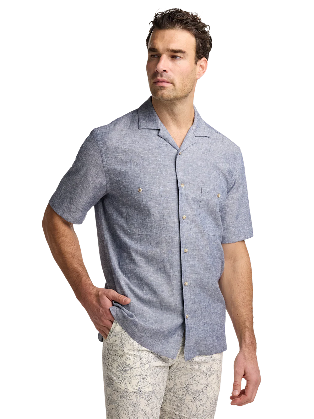 Linen Blend Solid Casual Shirt - Blue - Image 2