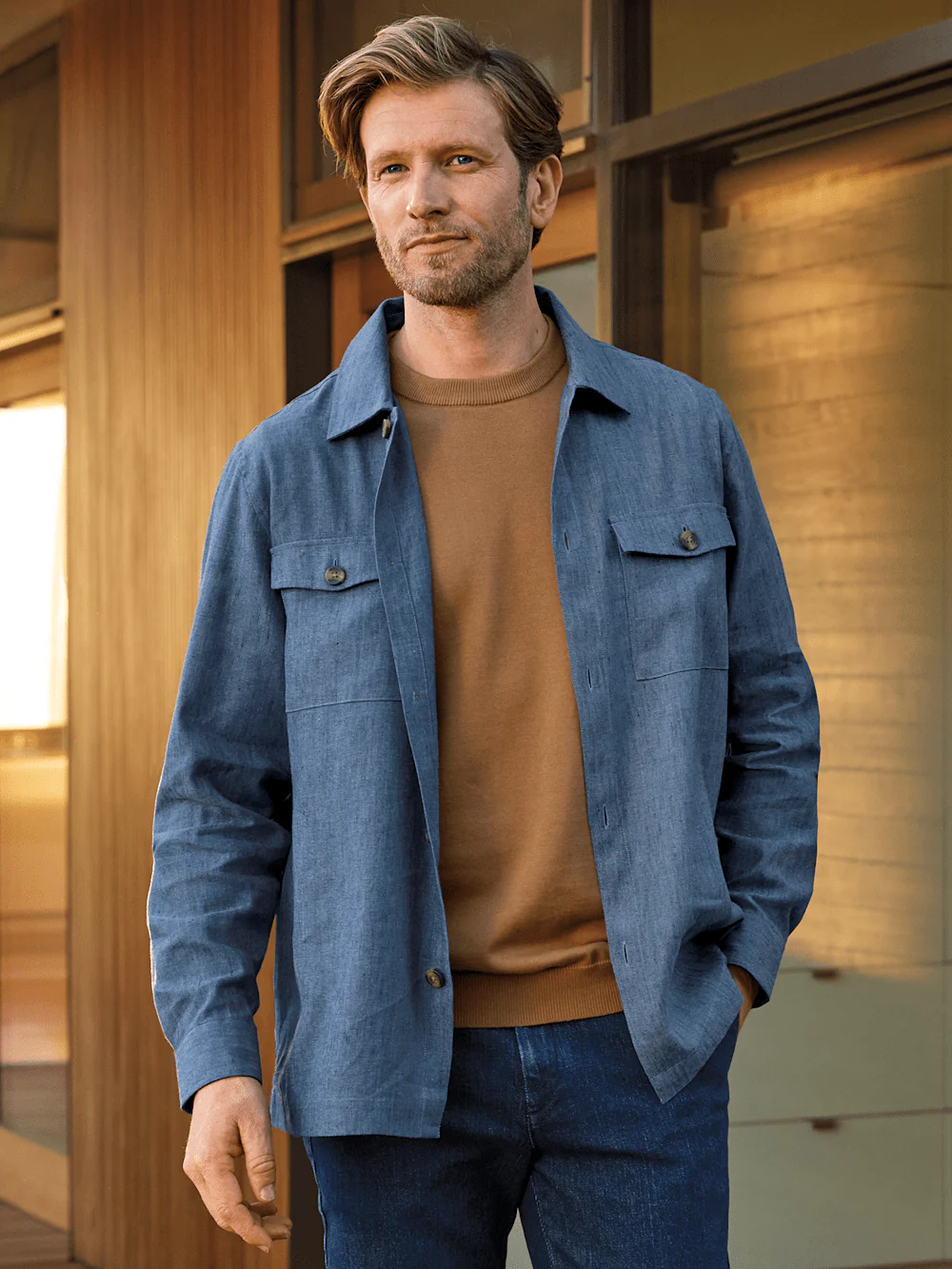 Linen Blend Solid Overshirt - Blue - Image 9