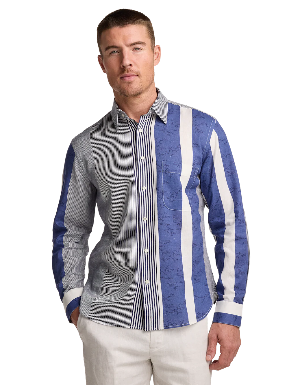 Linen Blend Stripe Casual Shirt - Blue/white - Image 2