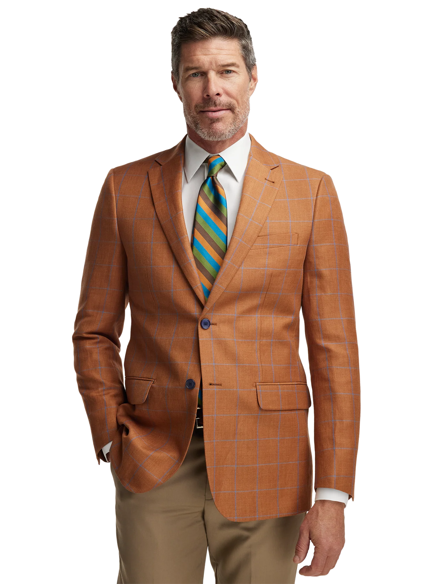 Linen Blend Windowpane Single Breasted Notch Lapel Sport Coat - Rust - Image 2