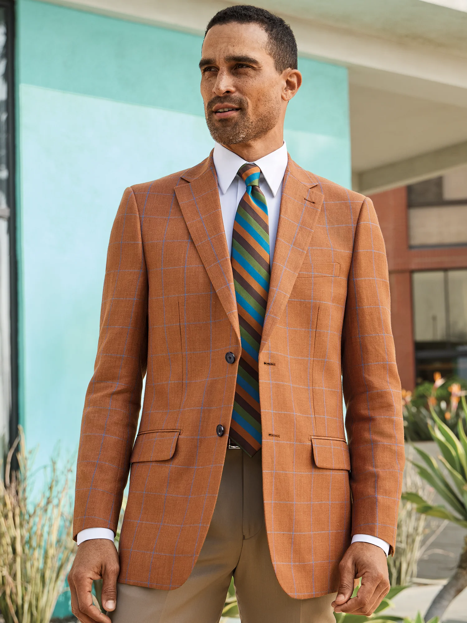 Linen Blend Windowpane Single Breasted Notch Lapel Sport Coat - Rust - Image 8