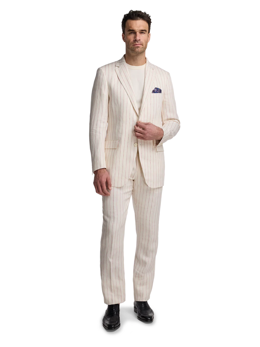 Linen Pinstripe Single Breasted Notch Lapel Suit - White/red - Image 2