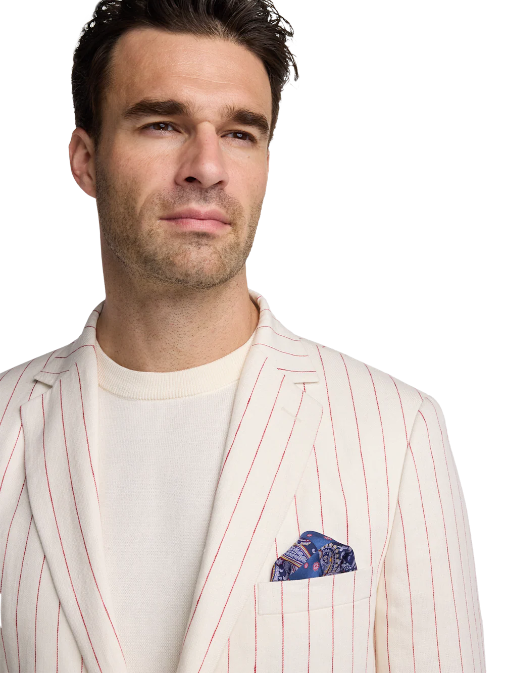 Linen Pinstripe Single Breasted Notch Lapel Suit - White/red - Image 3