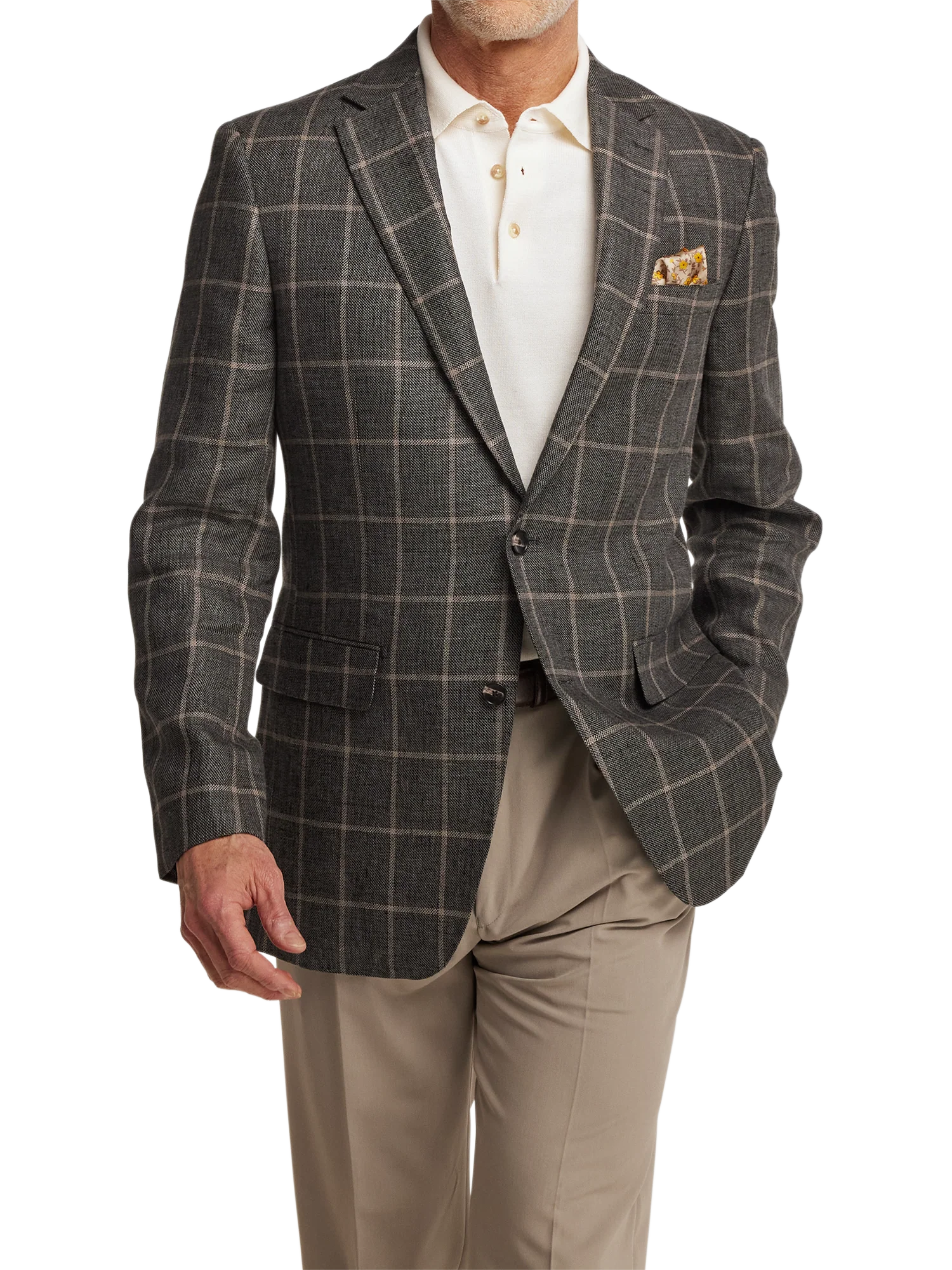 Linen Windowpane Single Breasted Notch Lapel Sport Coat - Charcoal - Image 2