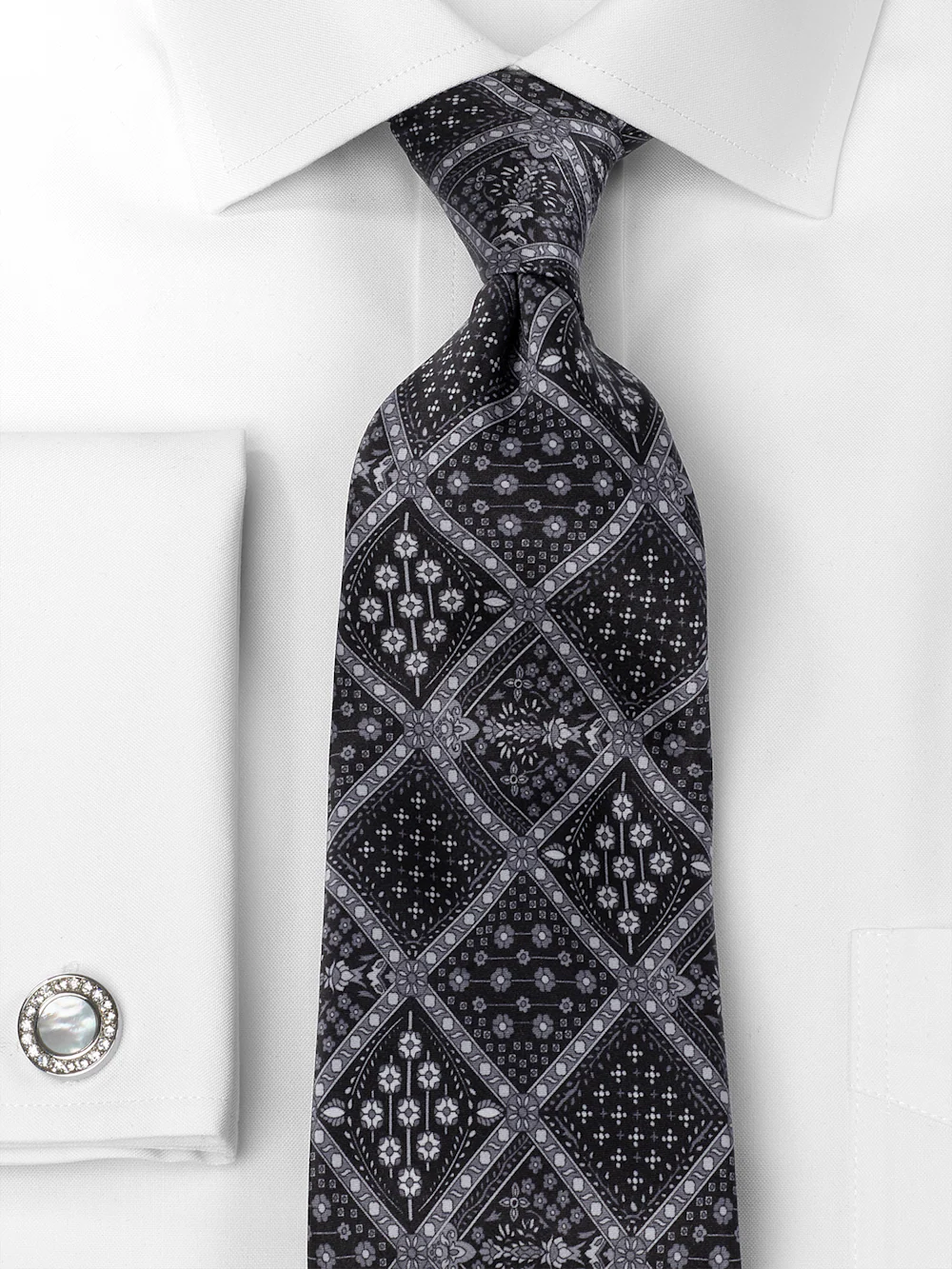 Medallion Printed Italian Silk Tie - Black/grey - Image 2