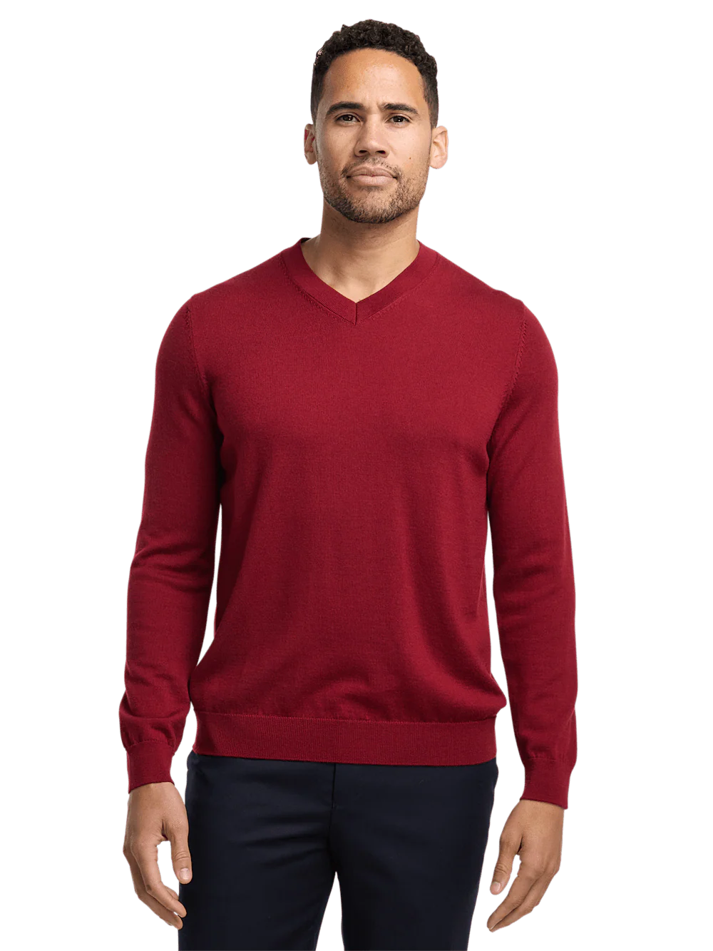Merino Wool V-neck Sweater - Wine - Image 2