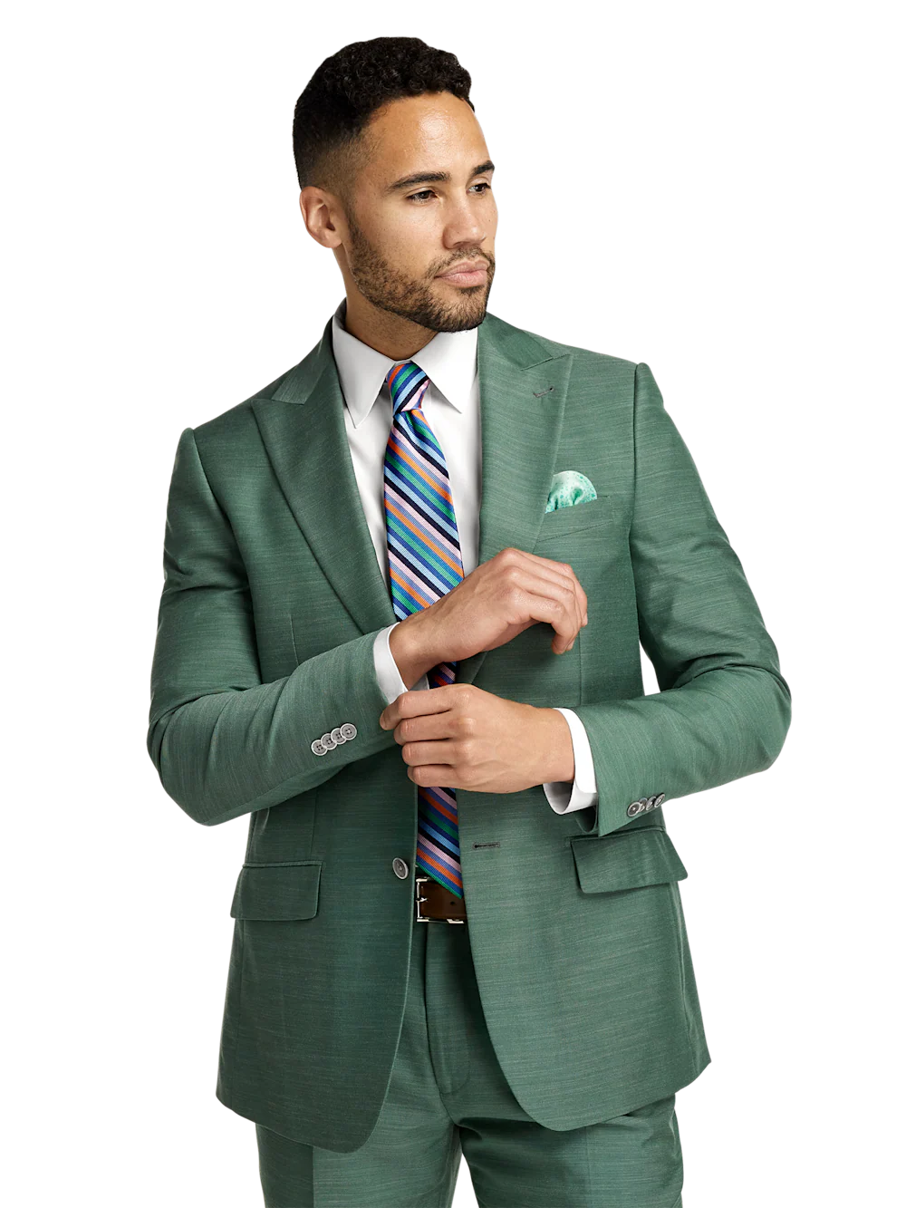 Microfiber Linen Blend Single Breasted Peak Lapel Suit Jacket - Green - Image 2