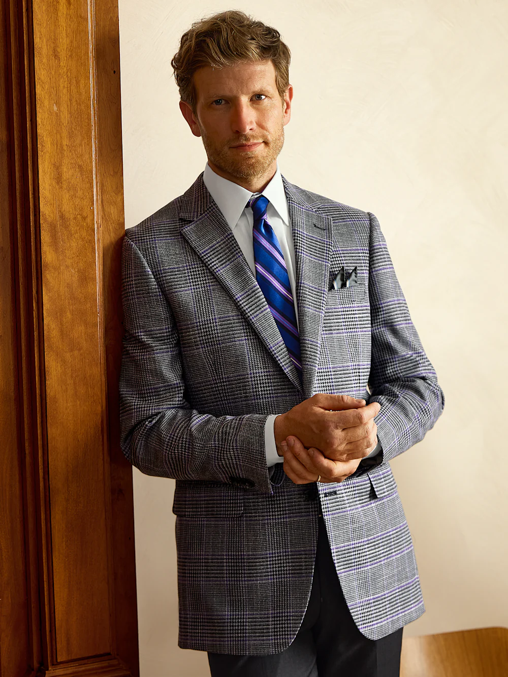 Microfiber Plaid Single Breasted Notch Lapel Sport Coat - Grey/purple - Image 8