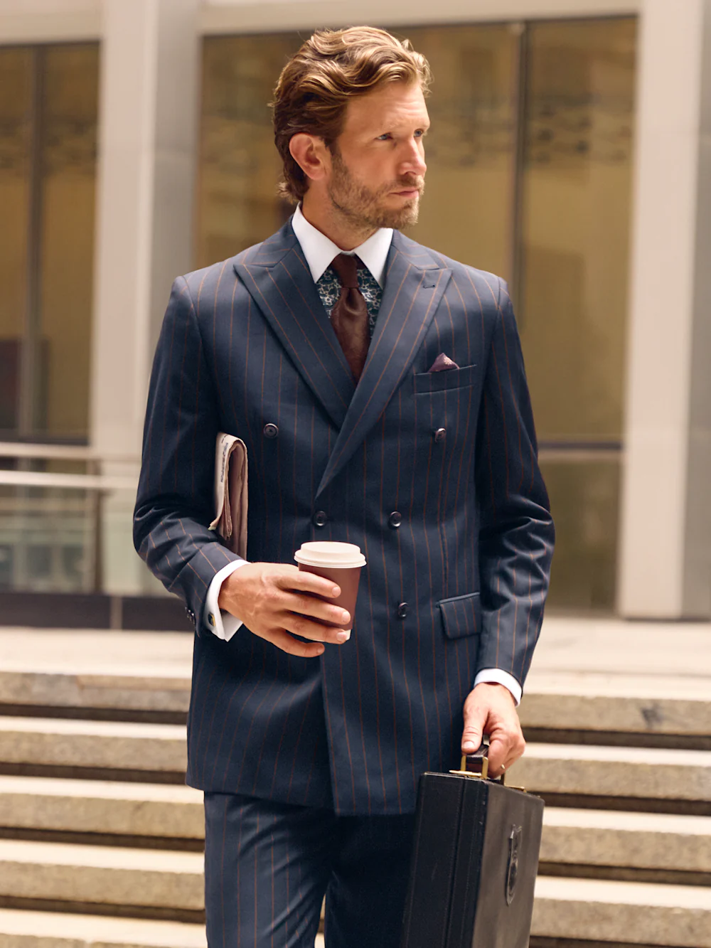 Navy/Brown Wool Stripe Double Breasted Peak Lapel Suit - Navy/brown - Image 10