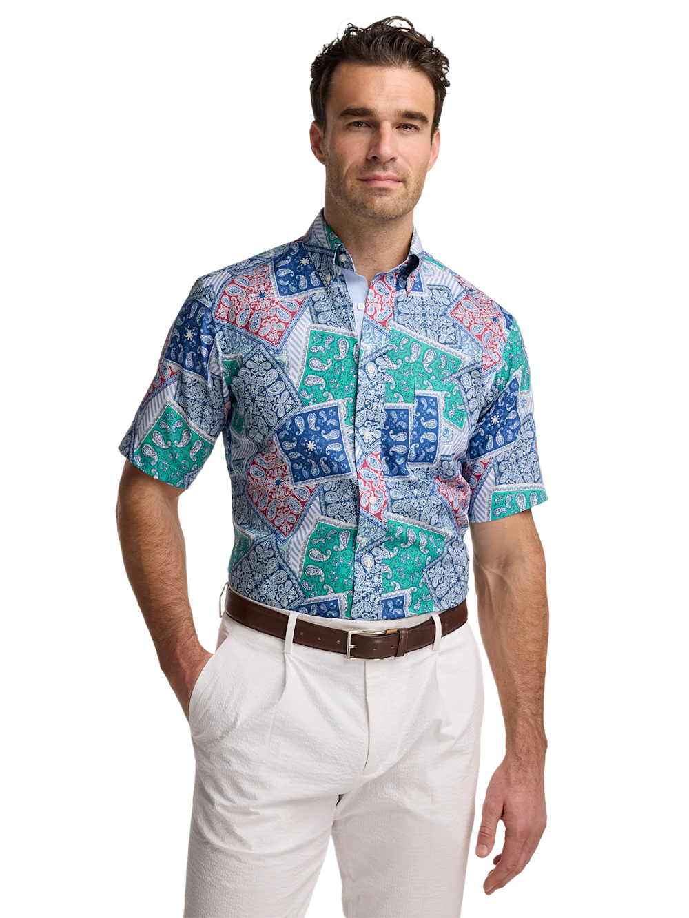 Non-Iron Cotton Bandana Dress Shirt With Contrast Trim - Blue Multi - Image 2