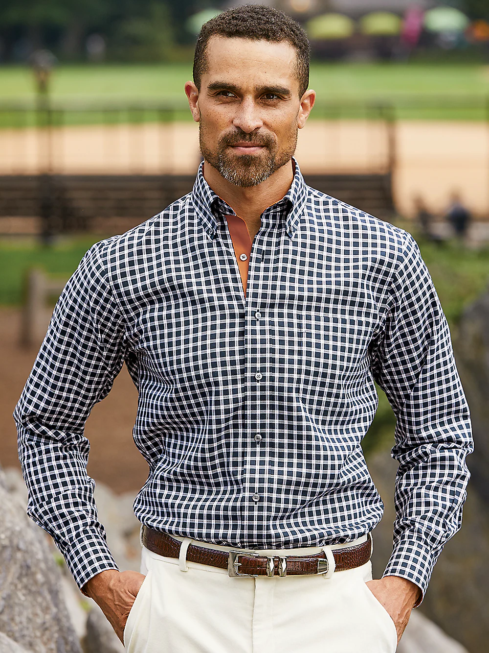 Non-Iron Cotton Check Dress Shirt With Contrast Trim - Black/rust - Image 8
