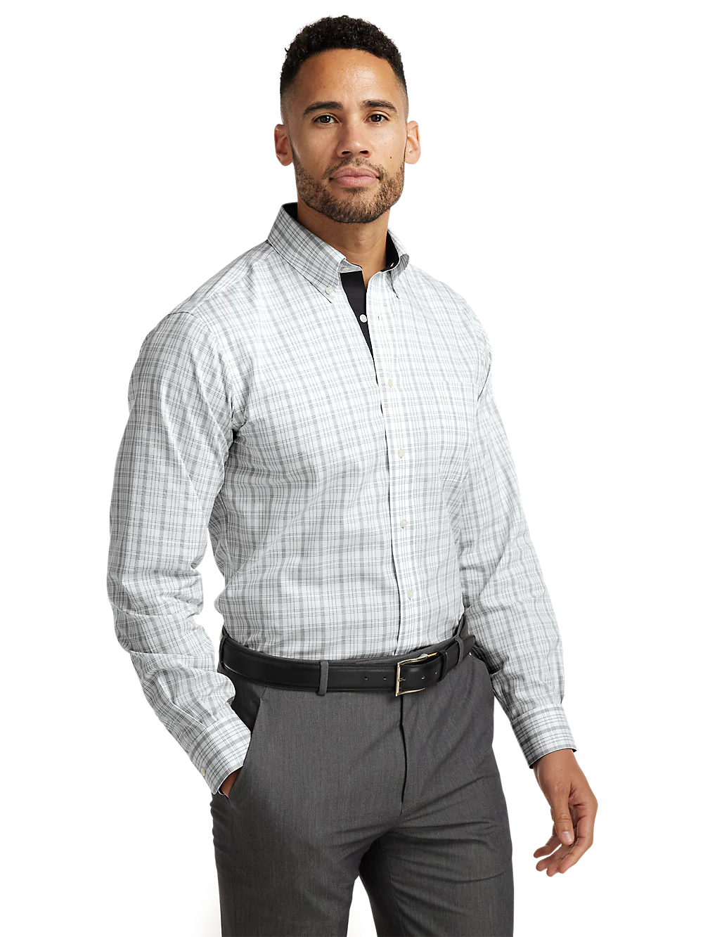 Non-Iron Cotton Check Dress Shirt With Contrast Trim - Black/white - Image 2
