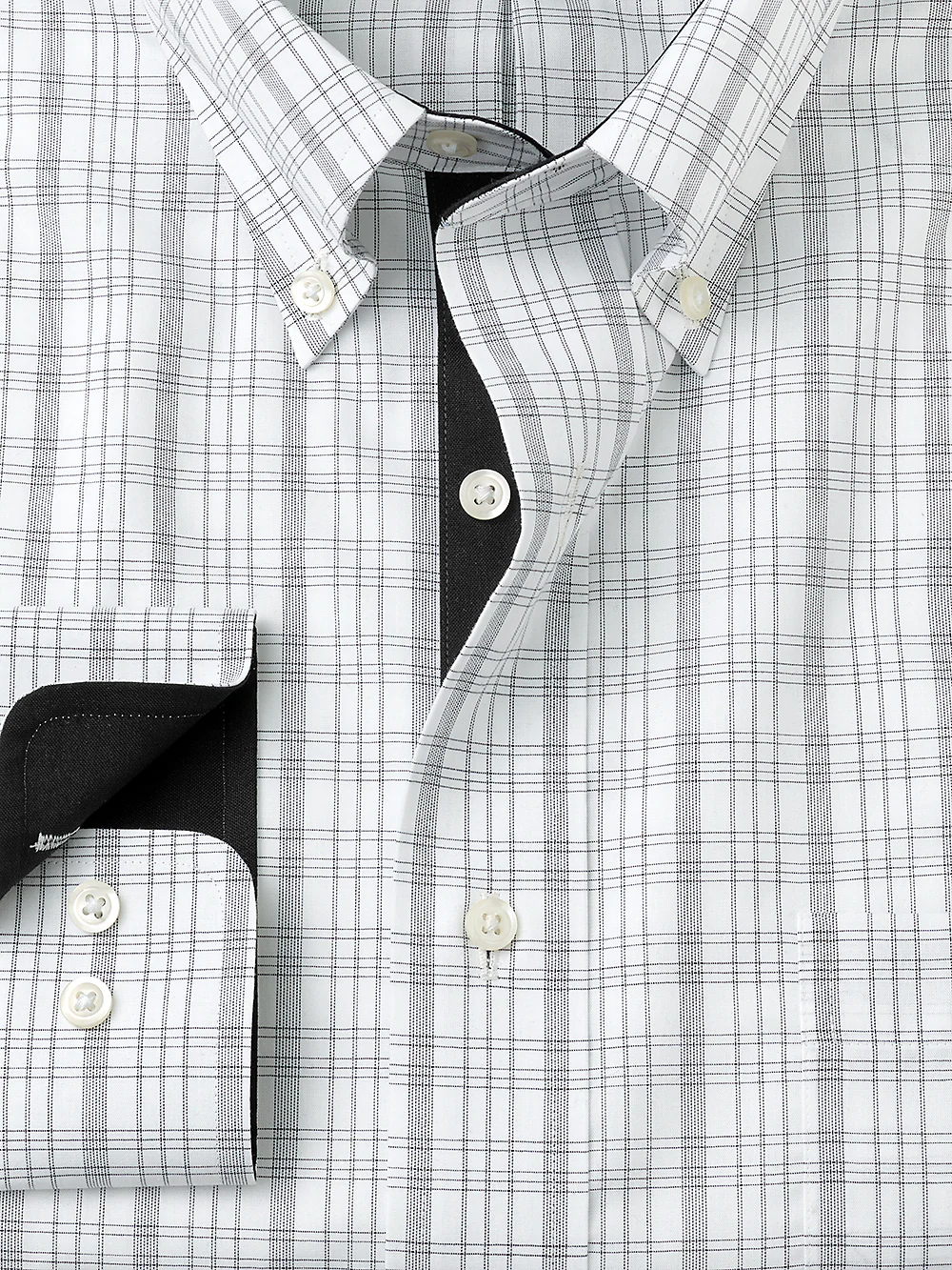 Non-Iron Cotton Check Dress Shirt With Contrast Trim - Black/white - Image 6