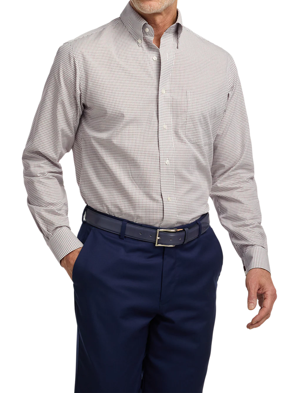 Non-Iron Cotton Check Dress Shirt With Contrast Trim - Brown/white - Image 2