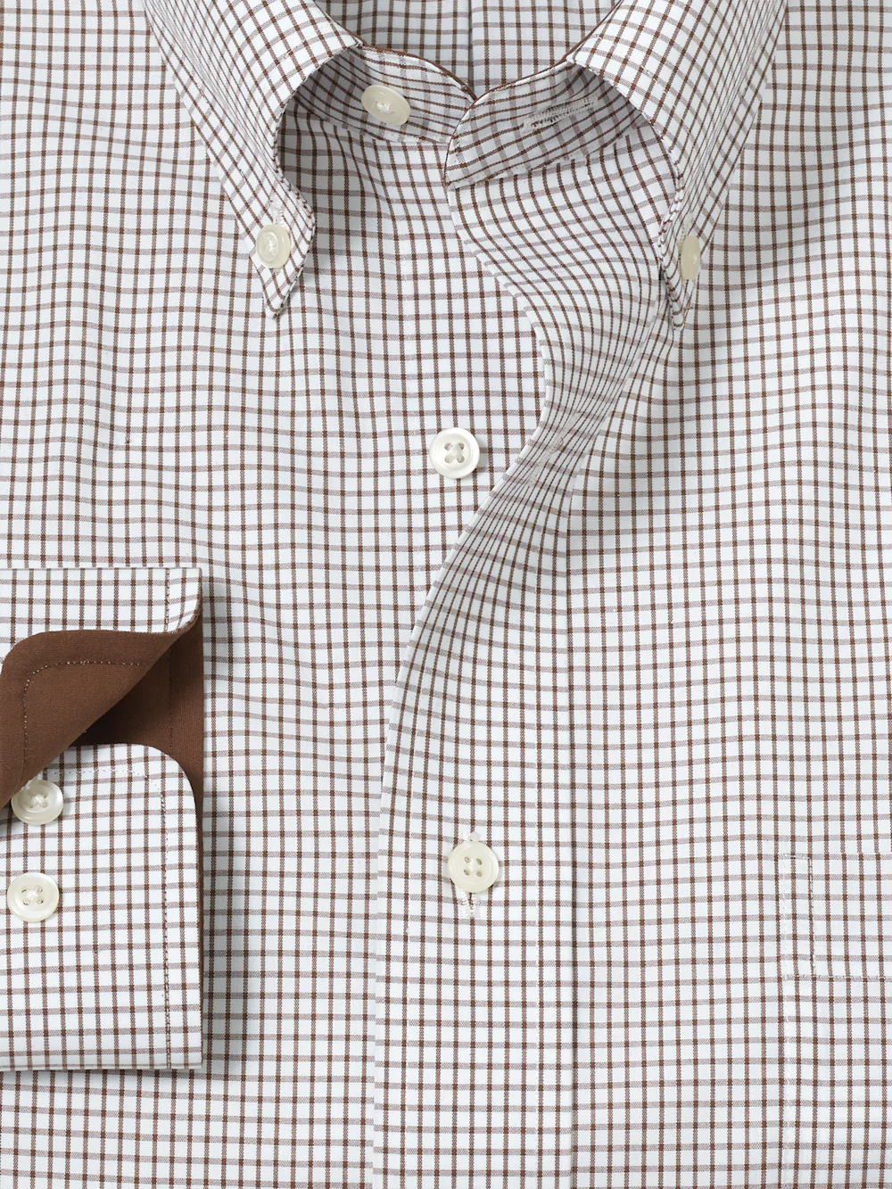Non-Iron Cotton Check Dress Shirt With Contrast Trim - Brown/white - Image 6