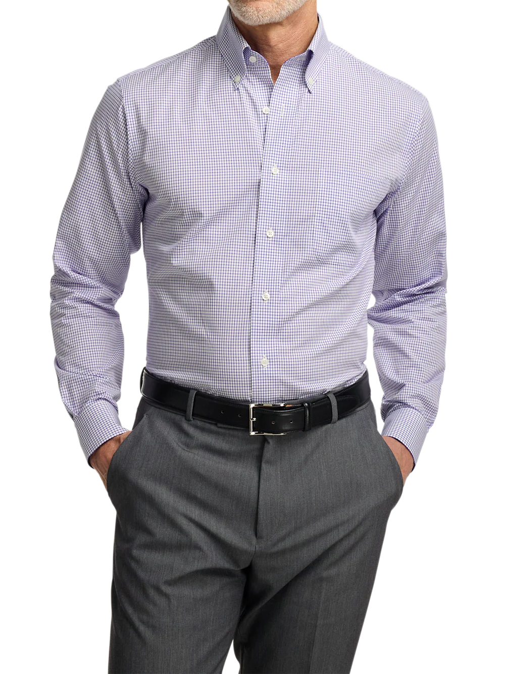 Non-Iron Cotton Check Dress Shirt With Contrast Trim - Purple/white - Image 2