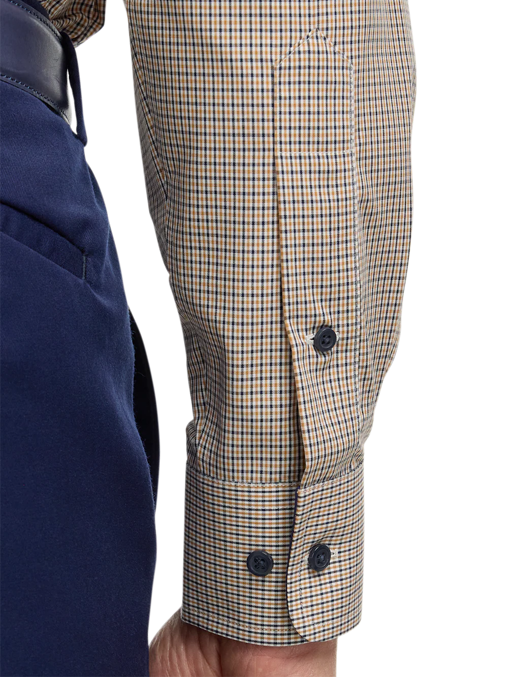 Non-Iron Cotton Check Dress Shirt With Contrast Trim - Navy/gold - Image 4