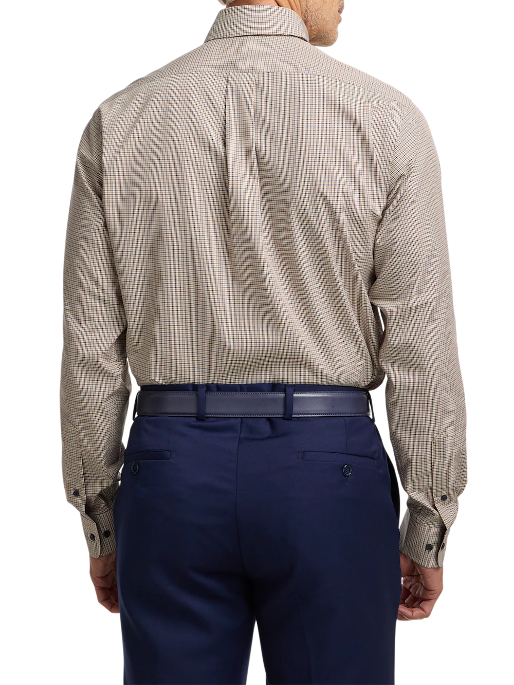 Non-Iron Cotton Check Dress Shirt With Contrast Trim - Navy/gold - Image 5