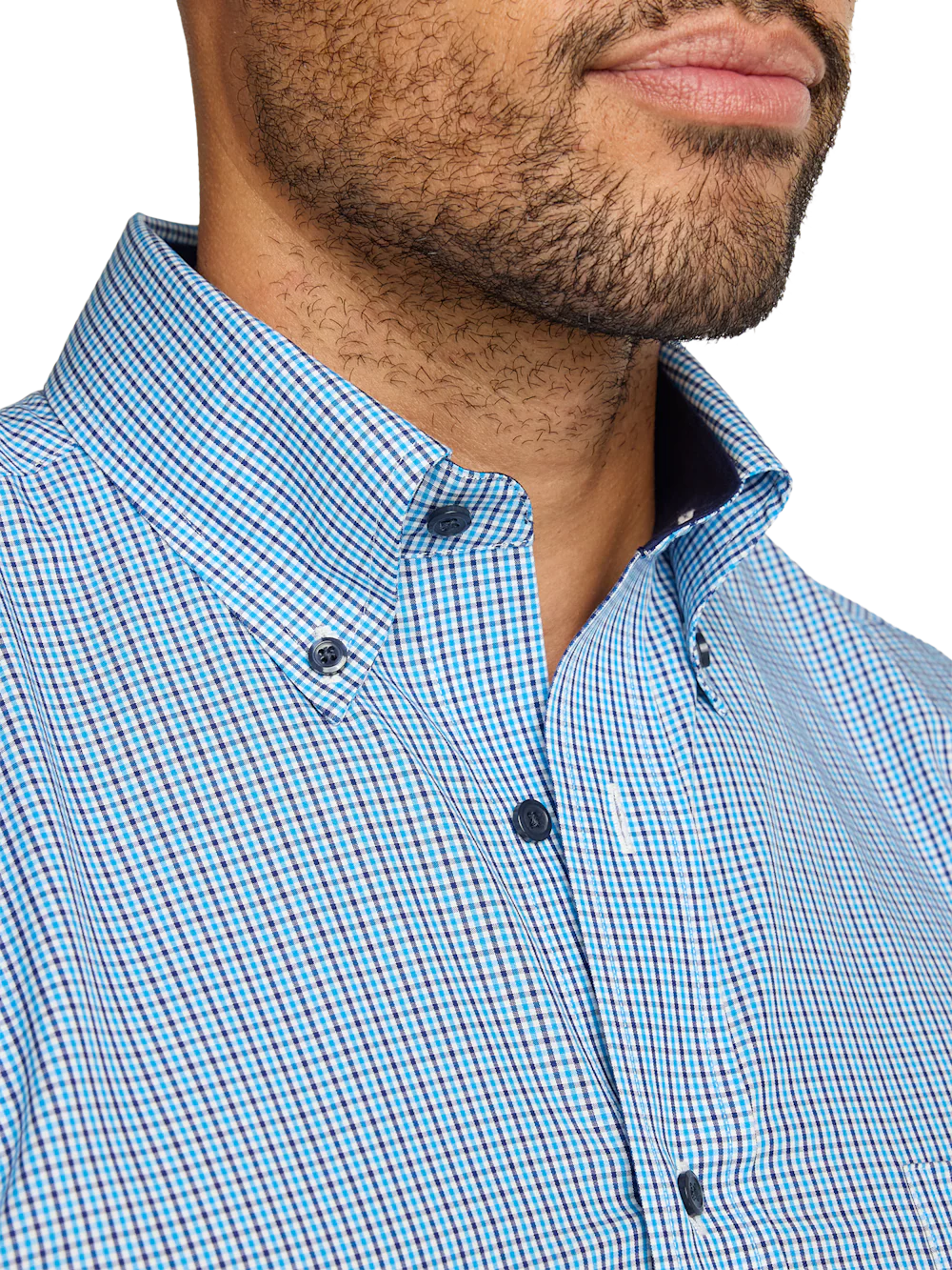 Non-Iron Cotton Check Dress Shirt With Contrast Trim - Blue - Image 3