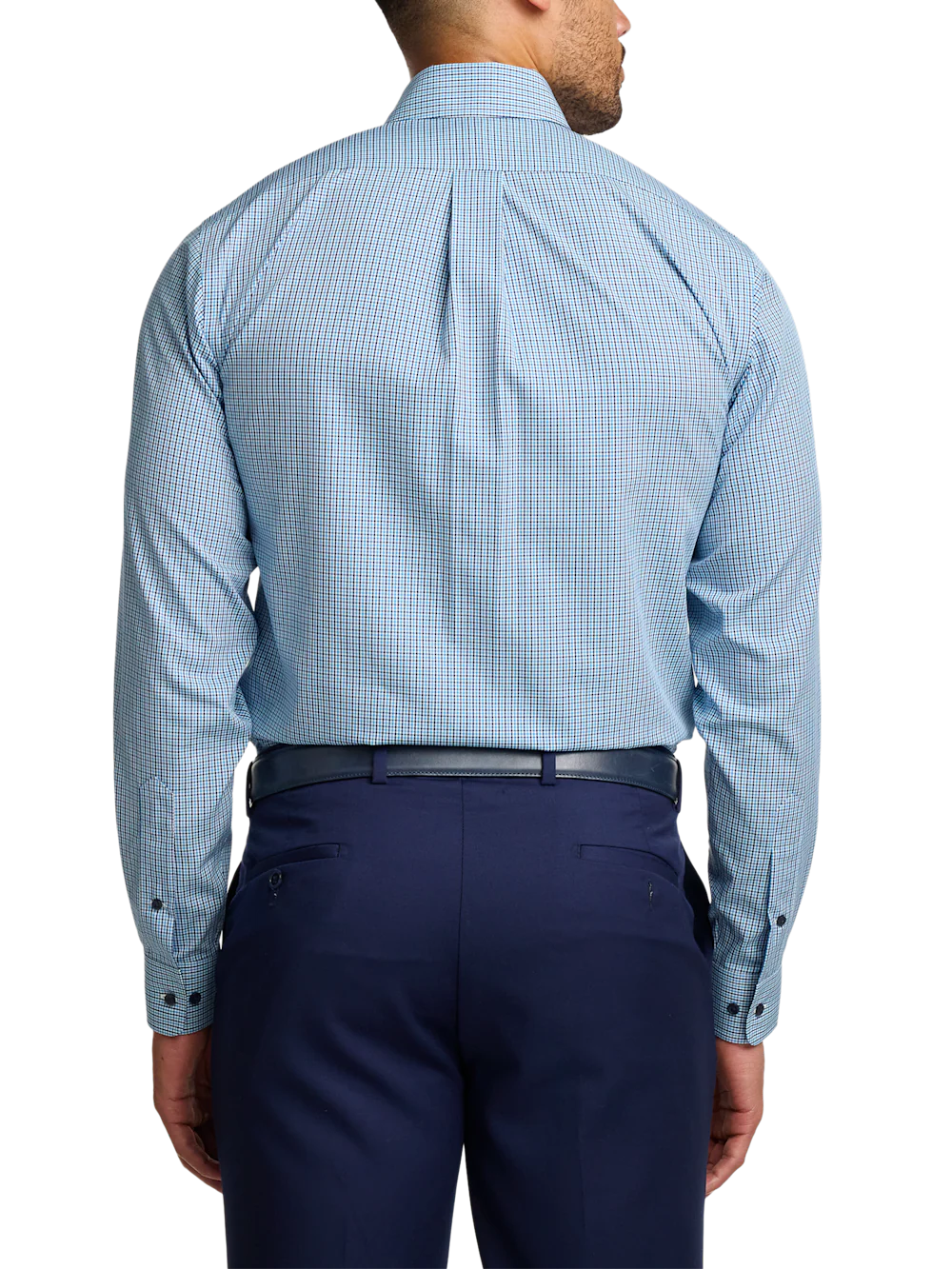 Non-Iron Cotton Check Dress Shirt With Contrast Trim - Blue - Image 5