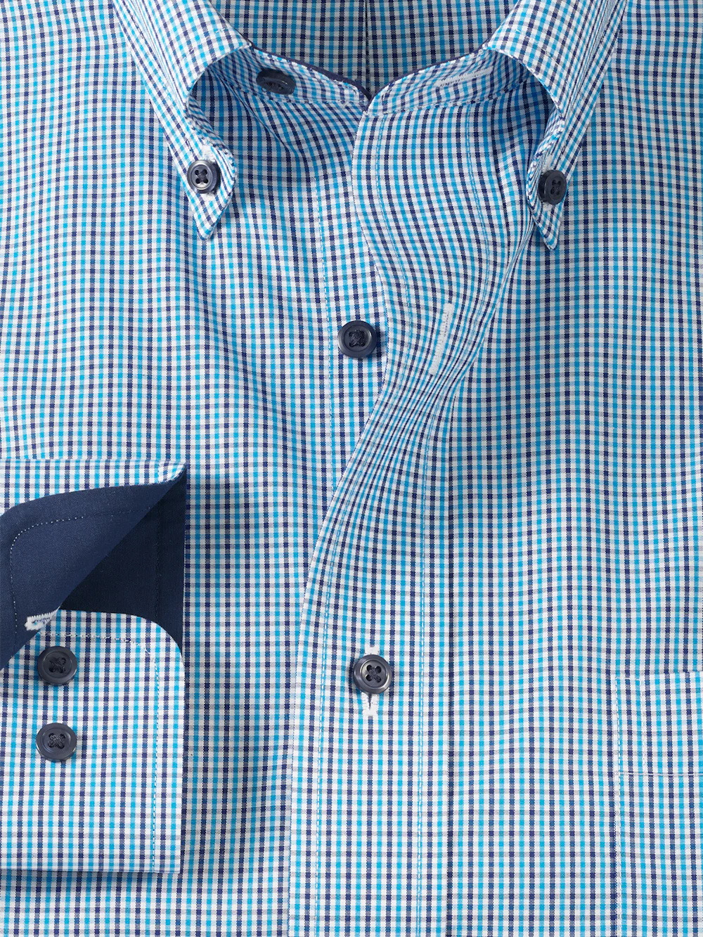 Non-Iron Cotton Check Dress Shirt With Contrast Trim - Blue - Image 6
