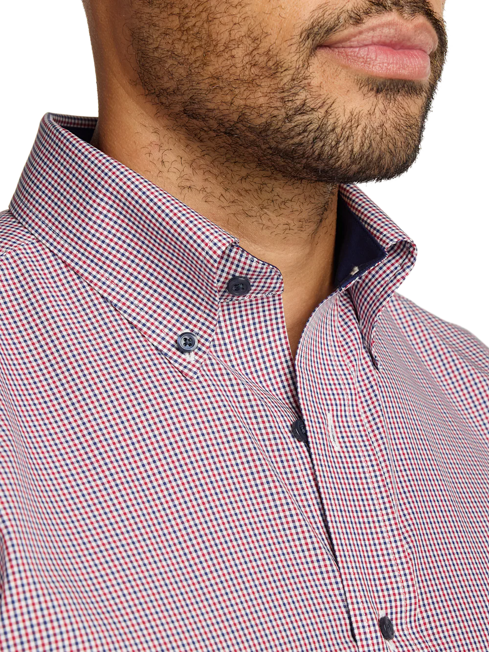 Non-Iron Cotton Check Dress Shirt With Contrast Trim - Red - Image 3