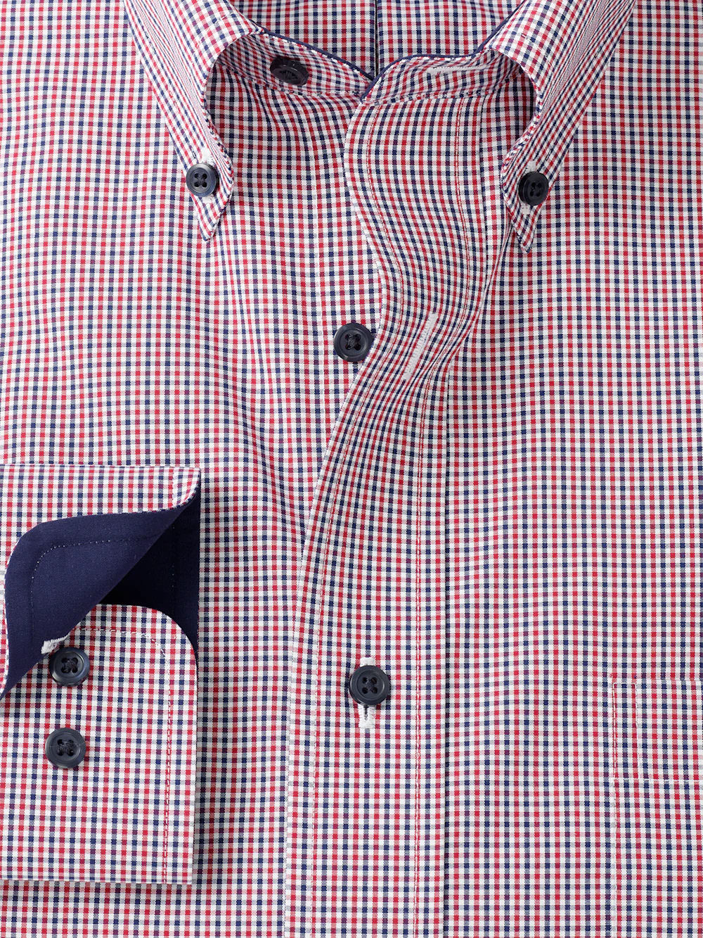 Non-Iron Cotton Check Dress Shirt With Contrast Trim - Red - Image 6