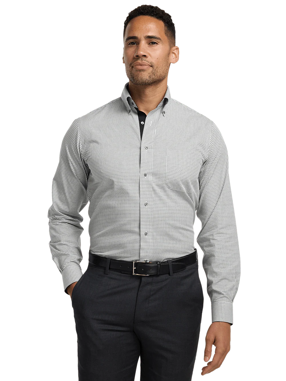Non-Iron Cotton Check Dress Shirt With Contrast Trim - Black/white - Image 2