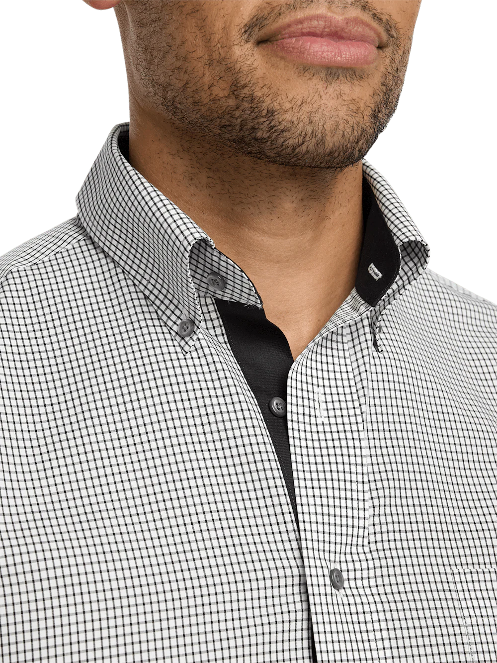 Non-Iron Cotton Check Dress Shirt With Contrast Trim - Black/white - Image 3