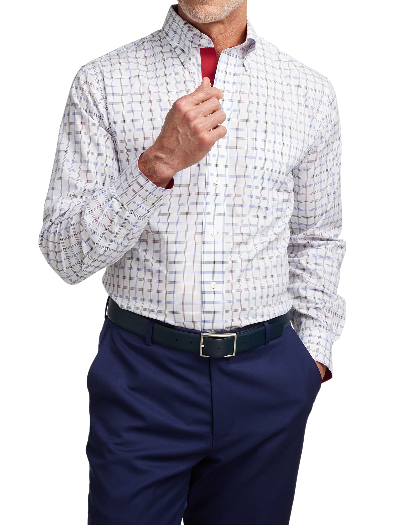 Non-Iron Cotton Check Dress Shirt With Contrast Trim - Blue/red - Image 2