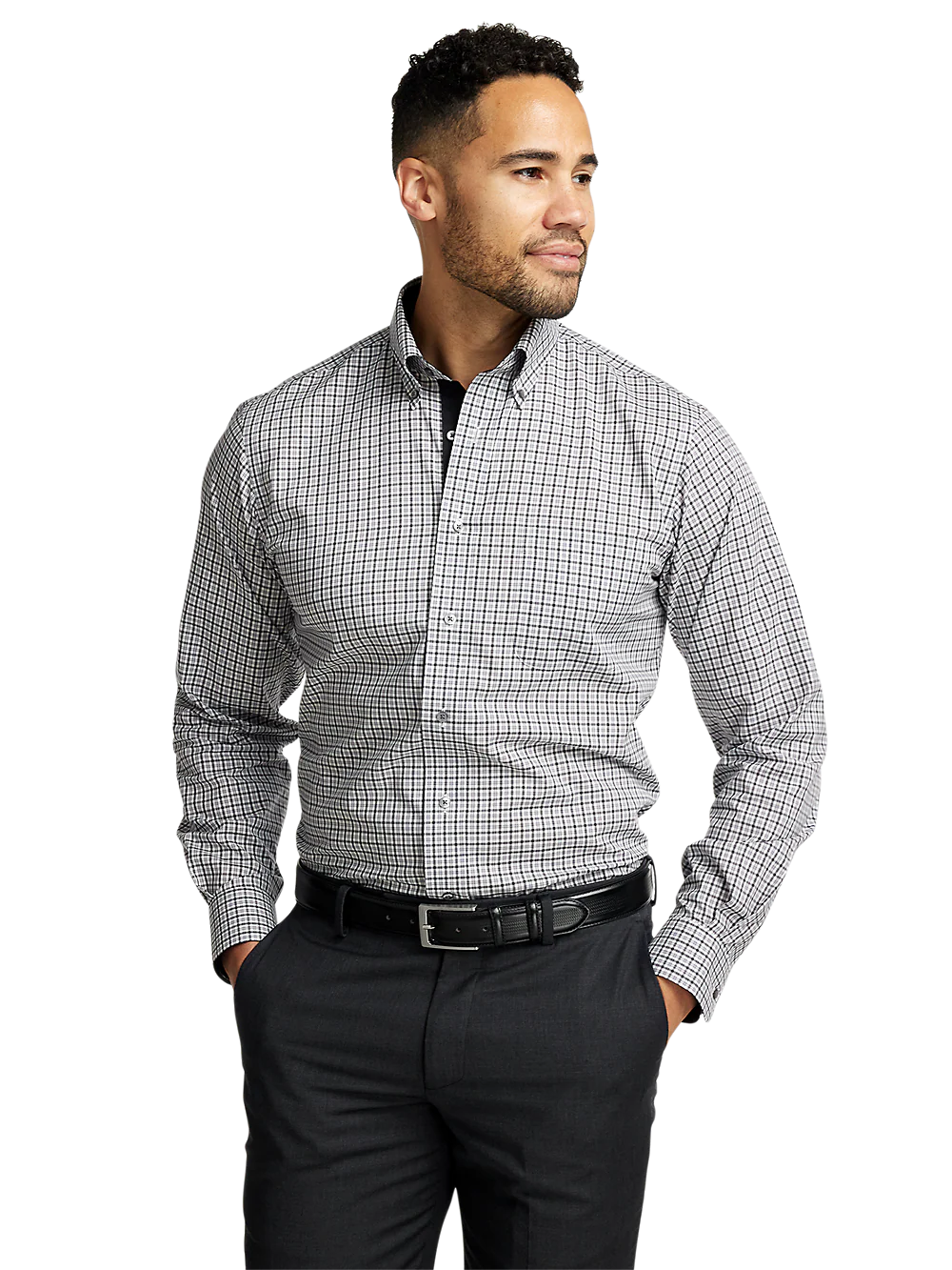 Non-Iron Cotton Check Dress Shirt With Contrast Trim - Black/grey - Image 2