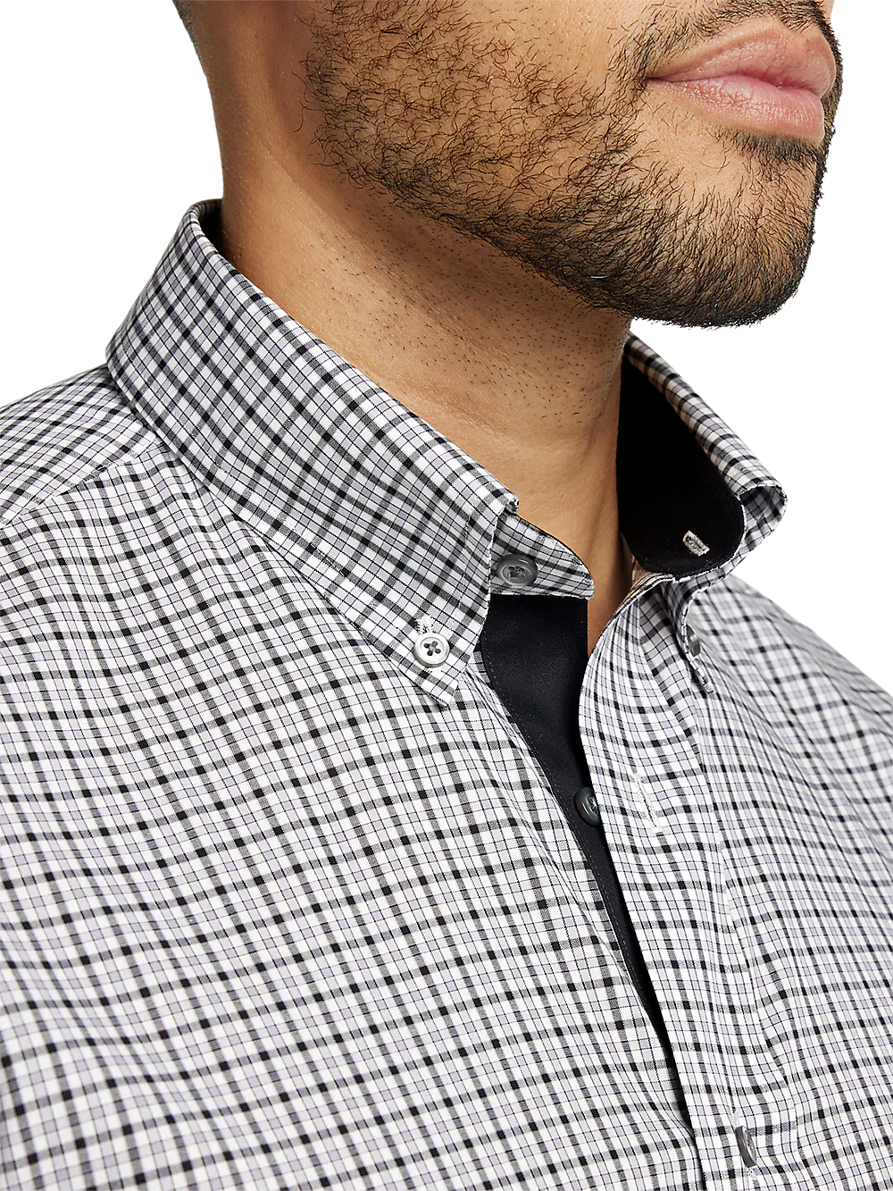 Non-Iron Cotton Check Dress Shirt With Contrast Trim - Black/grey - Image 3