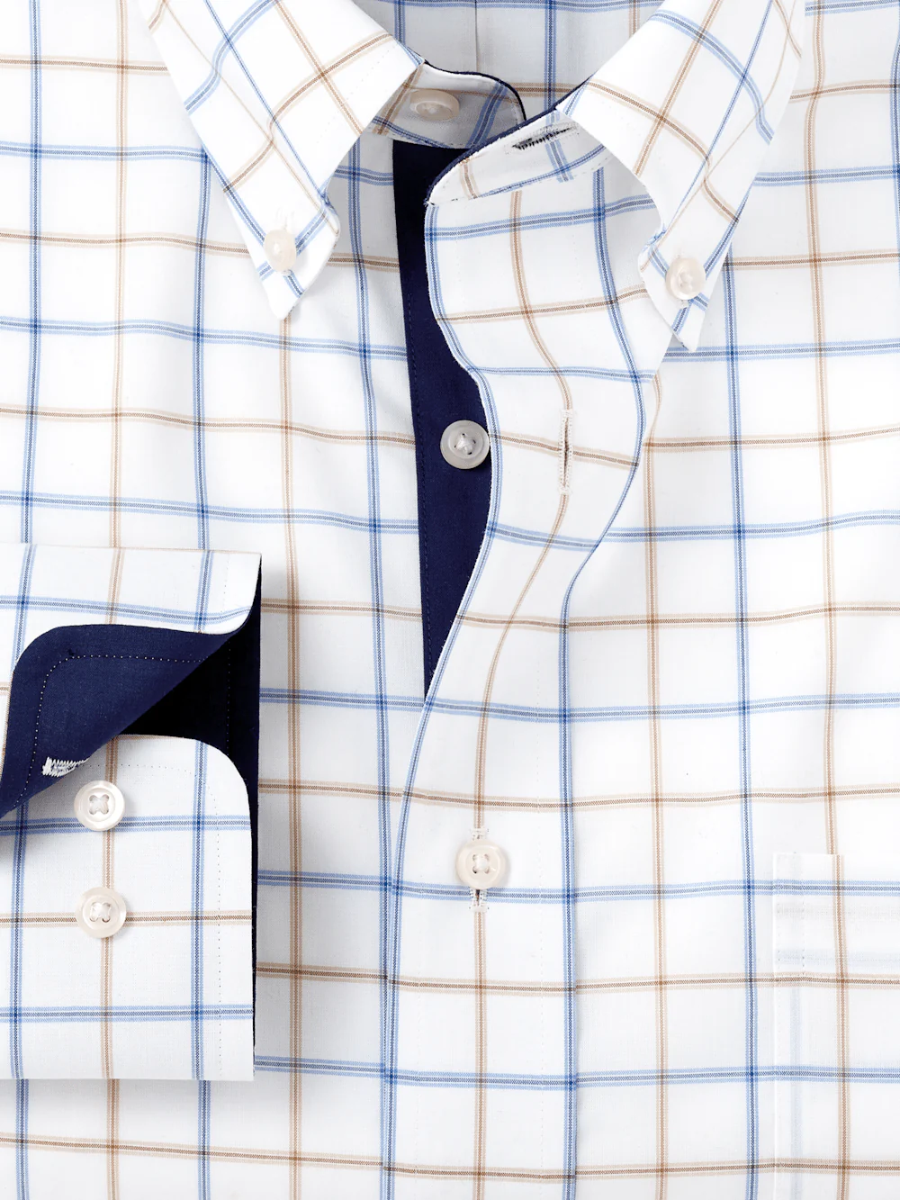 Non-Iron Cotton Check Dress Shirt With Contrast Trim - Blue/tan - Image 6