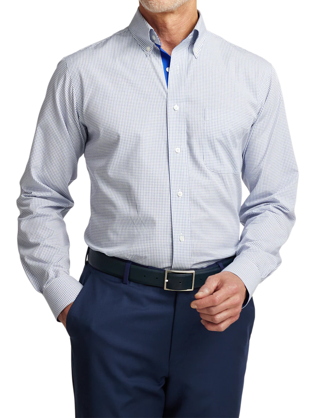 Non-Iron Cotton Check Dress Shirt With Contrast Trim - Navy - Image 2