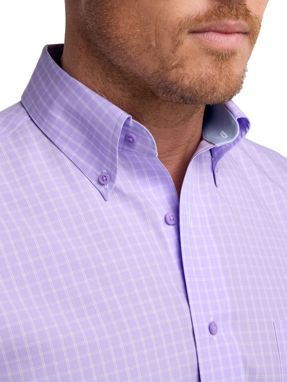 Non-Iron Cotton Check Dress Shirt With Contrast Trim - Purple - Image 3