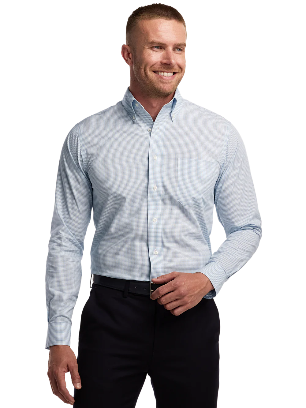 Non-Iron Cotton Check Dress Shirt With Contrast Trim - Aqua - Image 2