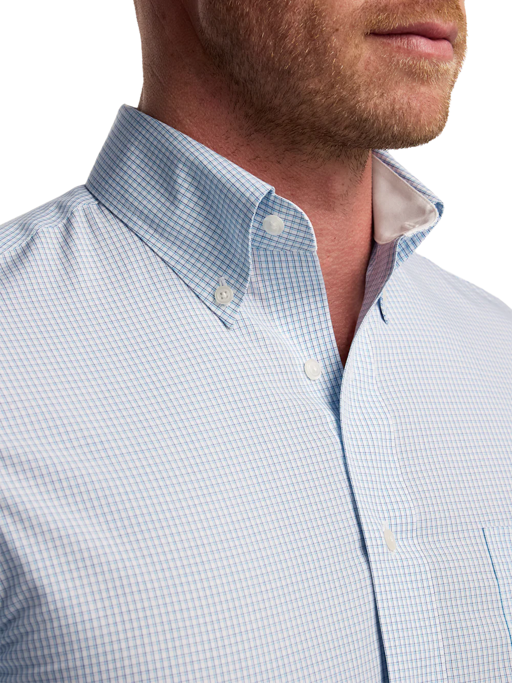 Non-Iron Cotton Check Dress Shirt With Contrast Trim - Aqua - Image 3