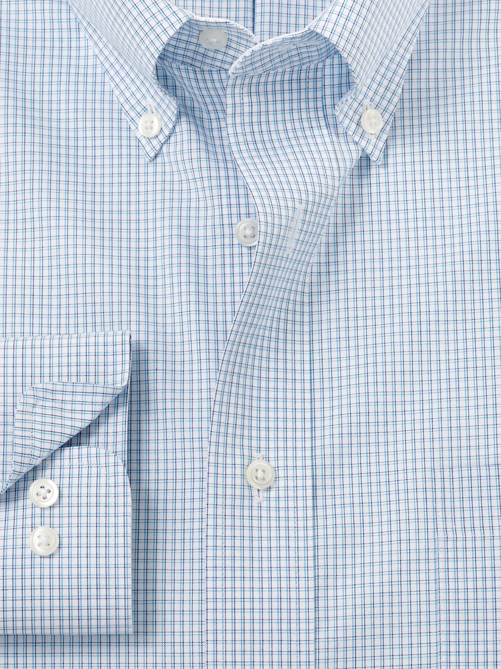 Non-Iron Cotton Check Dress Shirt With Contrast Trim - Aqua - Image 6