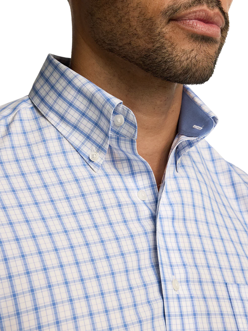 Non-Iron Cotton Check Dress Shirt With Contrast Trim - White/blue - Image 3
