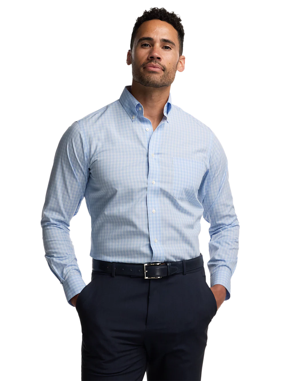 Non-Iron Cotton Check Dress Shirt With Contrast Trim - Blue - Image 2