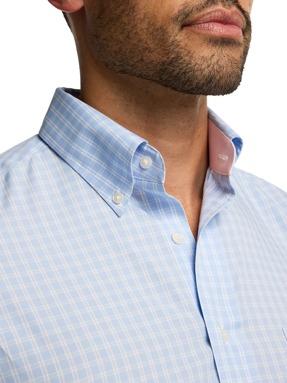 Non-Iron Cotton Check Dress Shirt With Contrast Trim - Blue - Image 3