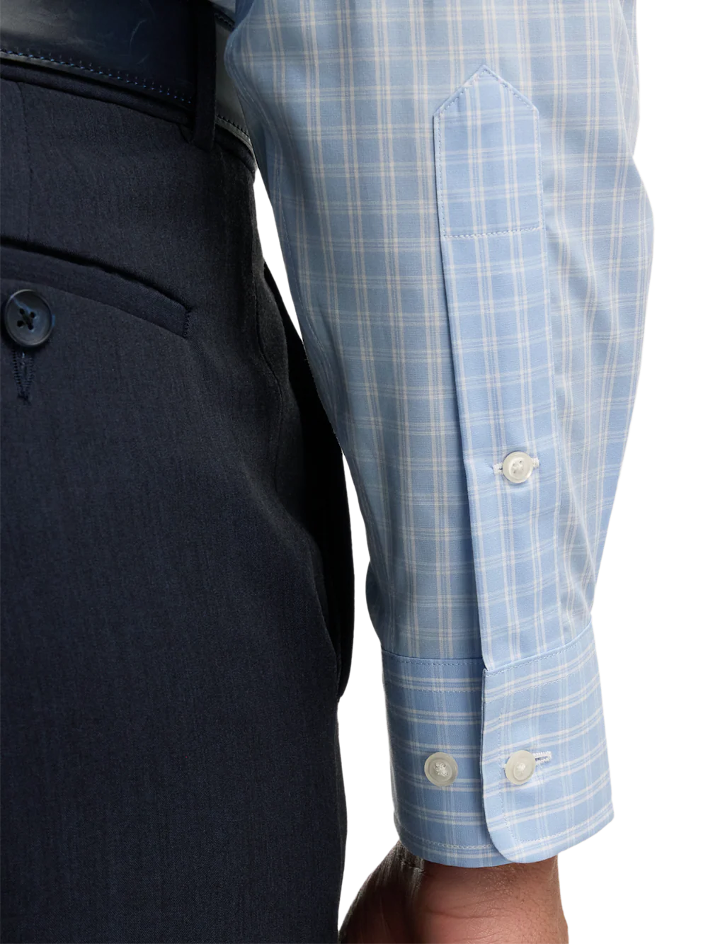 Non-Iron Cotton Check Dress Shirt With Contrast Trim - Blue - Image 4