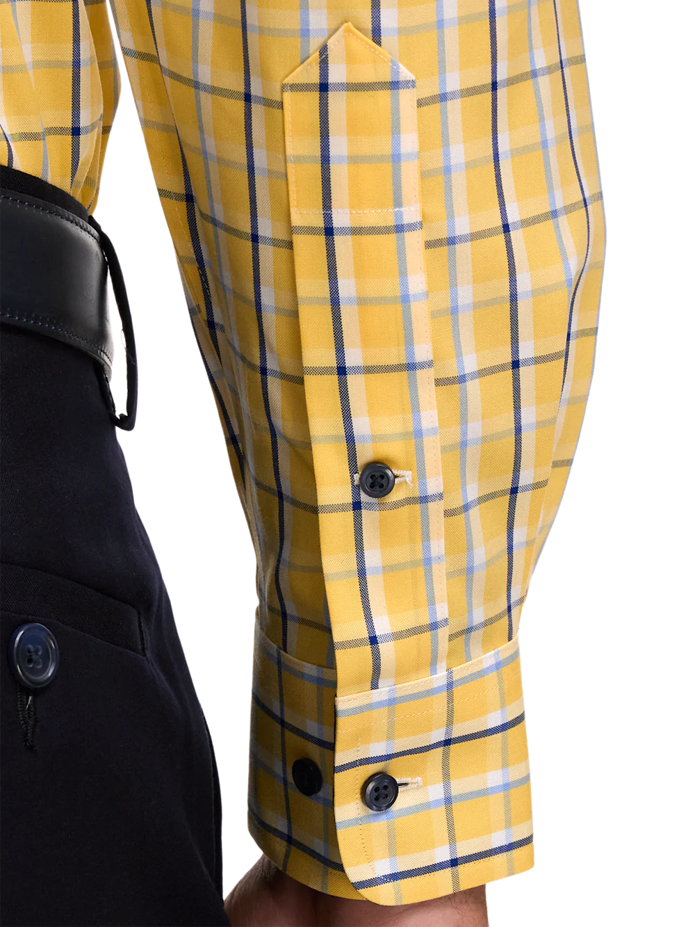 Non-Iron Cotton Check Dress Shirt With Contrast Trim - Yellow/blue - Image 4