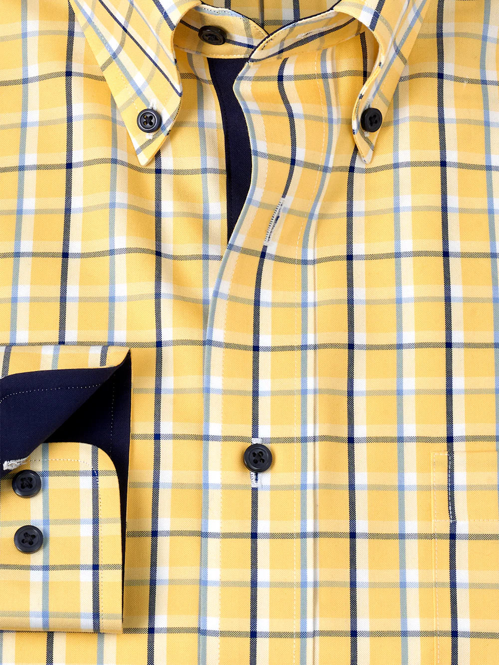 Non-Iron Cotton Check Dress Shirt With Contrast Trim - Yellow/blue - Image 6
